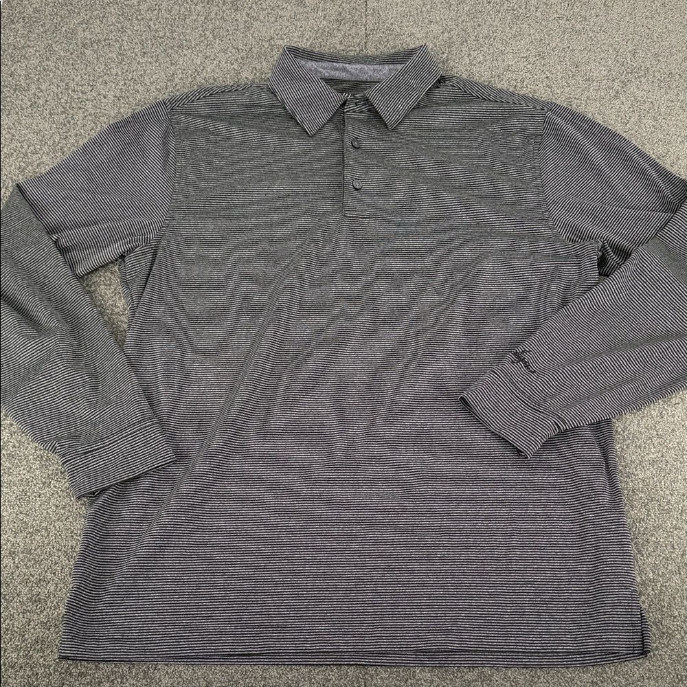Walter Hagen Shirt Mens Medium Gray Black Striped Long Sleeve Polo Golf Casual